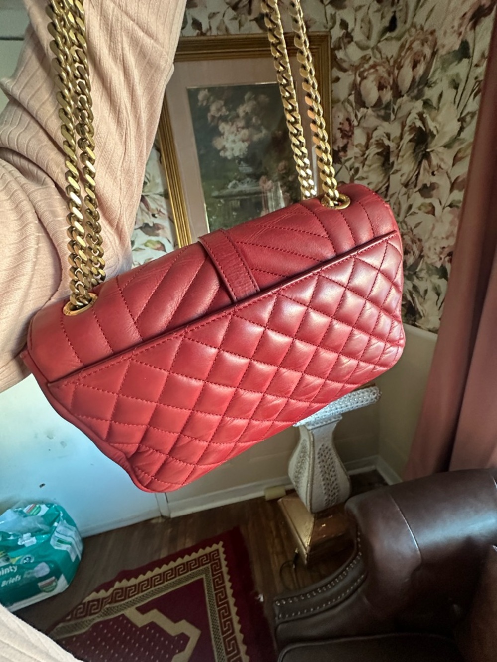 Saint Laurent Red Quilted Leather Monogram Chain Shoulder Bag - Picture 7 of 16
